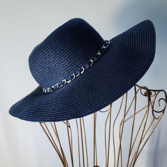 Navy Sun Hat With Silver Tone Chain Detail - Picture 3 of 6